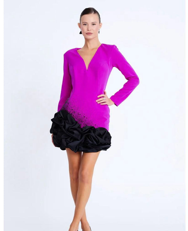 Elegant Black & White V-Neck Mini Dress – Crystal Burst &amp; Rosette Hem Detail