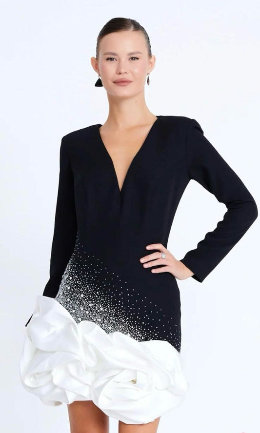 Elegant Black & White V-Neck Mini Dress