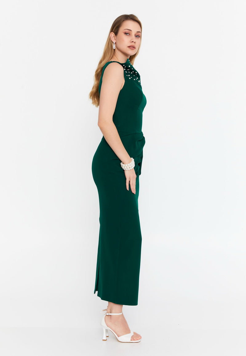 Emerald Elegance Embellished Midi Dress