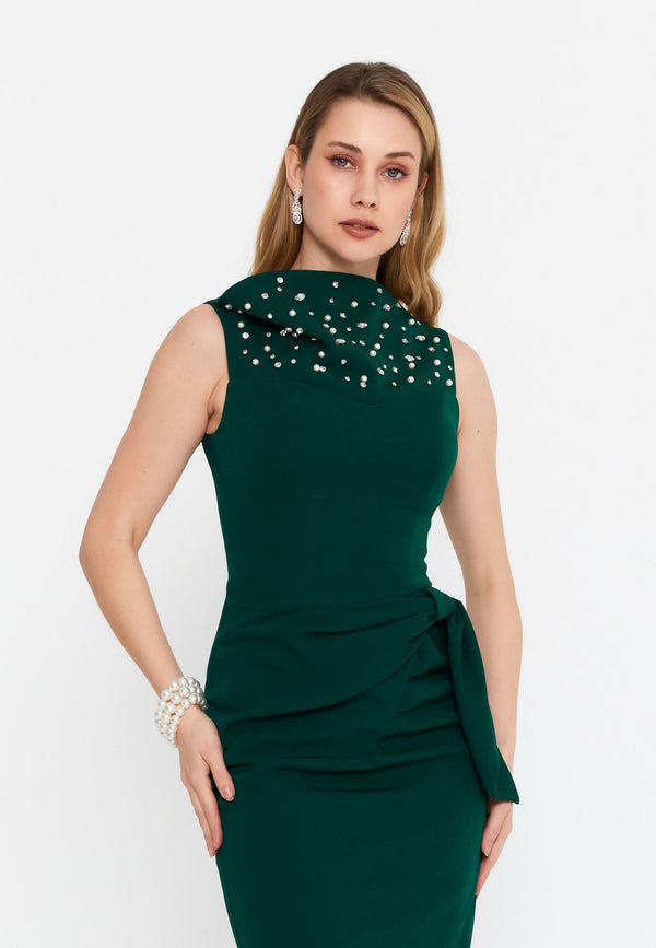 Emerald Elegance Embellished Midi Dress