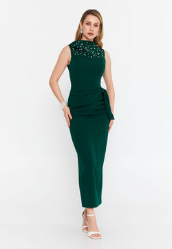 Emerald Elegance Embellished Midi Dress