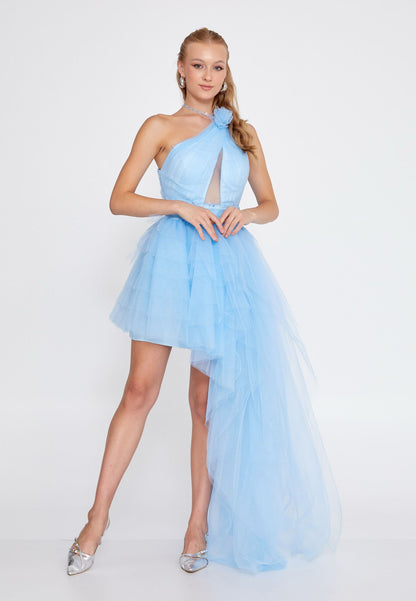 Asymmetric One-Shoulder Blue Tulle Mini Dress™