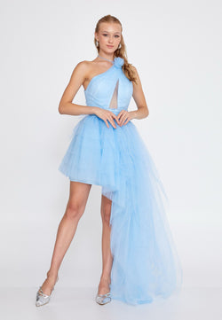 Asymmetric One-Shoulder Blue Tulle Mini Dress
