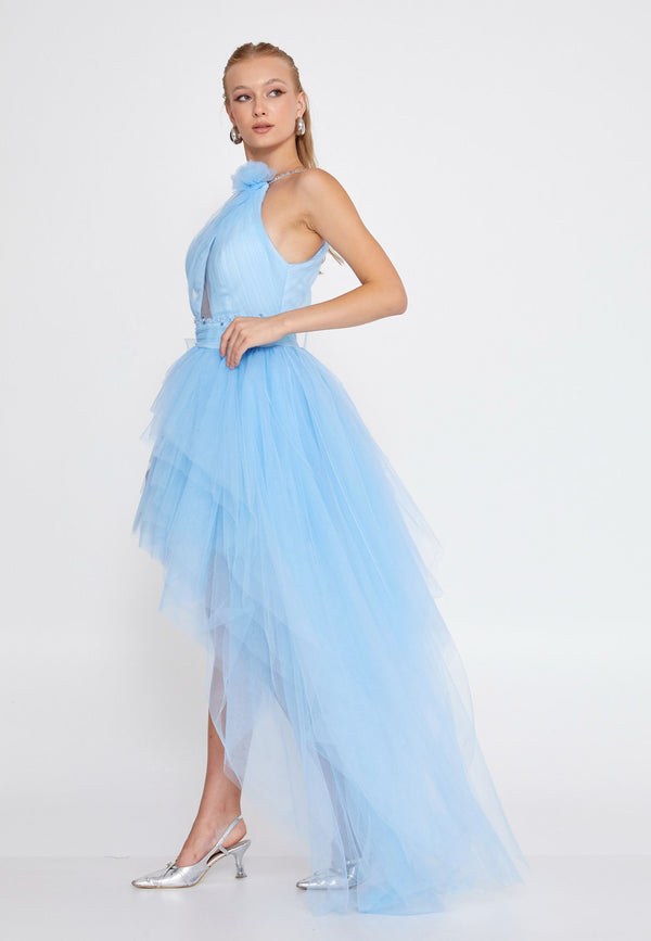 Asymmetric One-Shoulder Blue Tulle Mini Dress