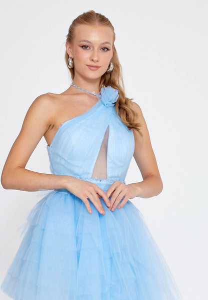 Asymmetric One-Shoulder Blue Tulle Mini Dress™