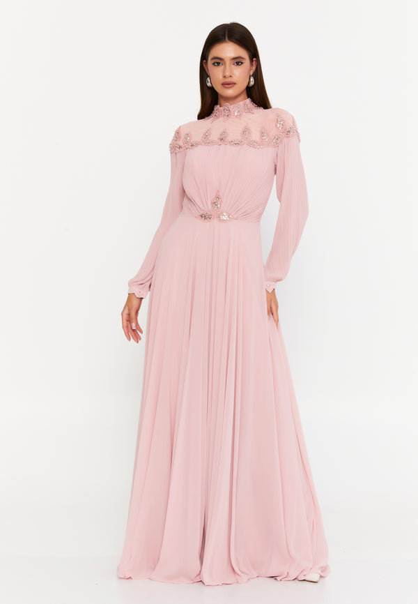 Elegant Blush Pink Maxi Dress with Beaded Detail
