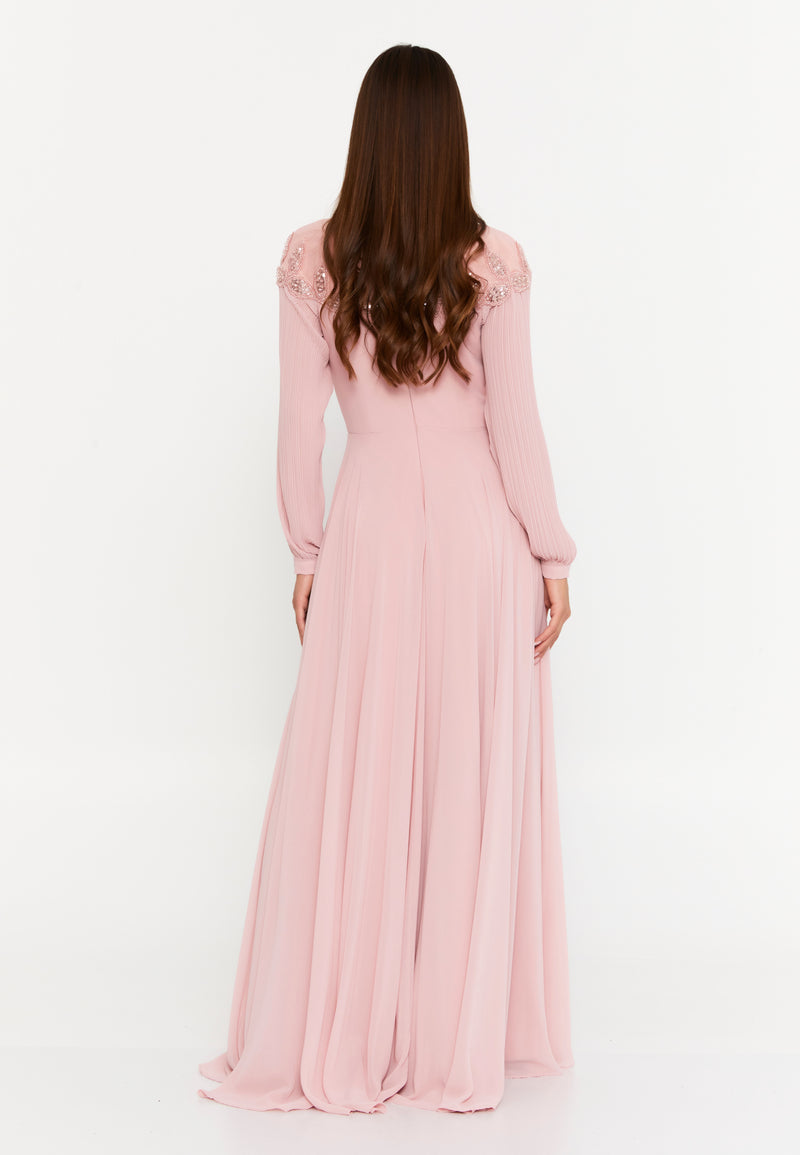 Elegant Blush Pink Maxi Dress with Beaded Detail