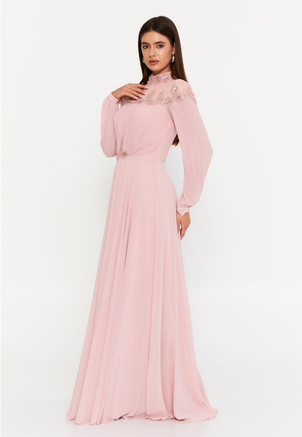 Elegant Blush Pink Maxi Dress with Beaded Detail