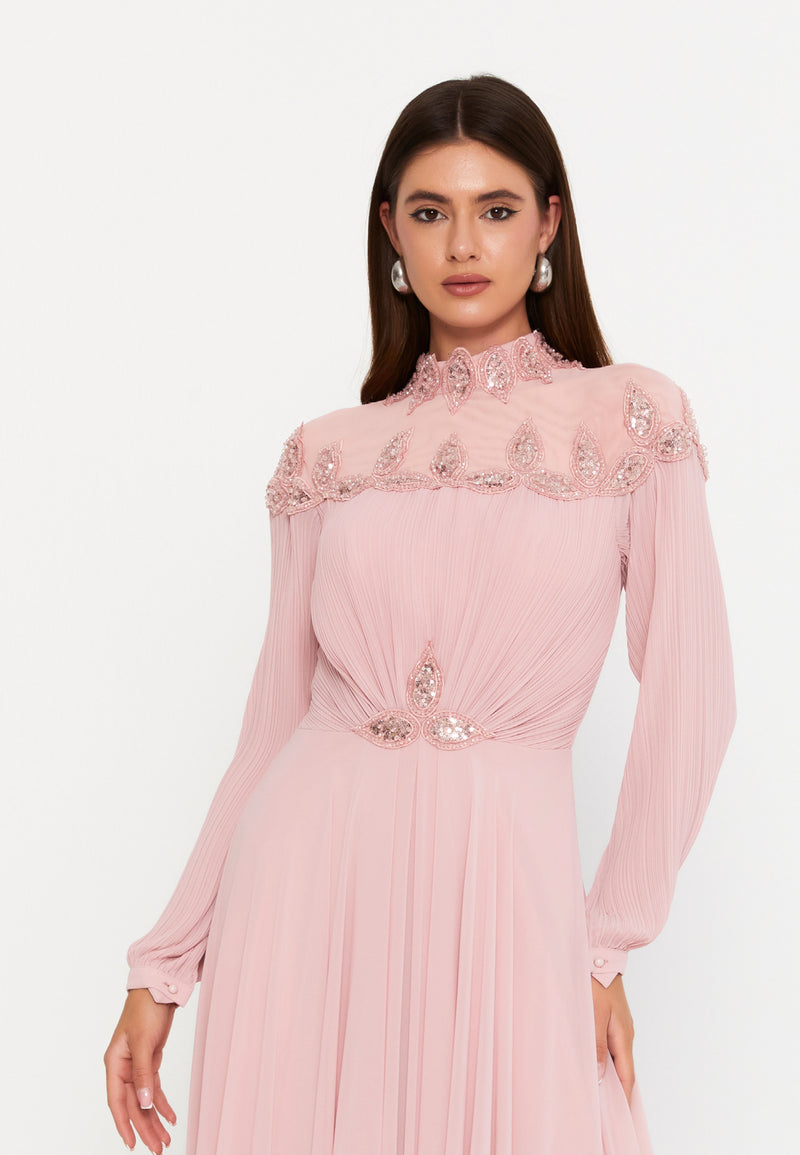 Elegant Blush Pink Maxi Dress with Beaded Detail