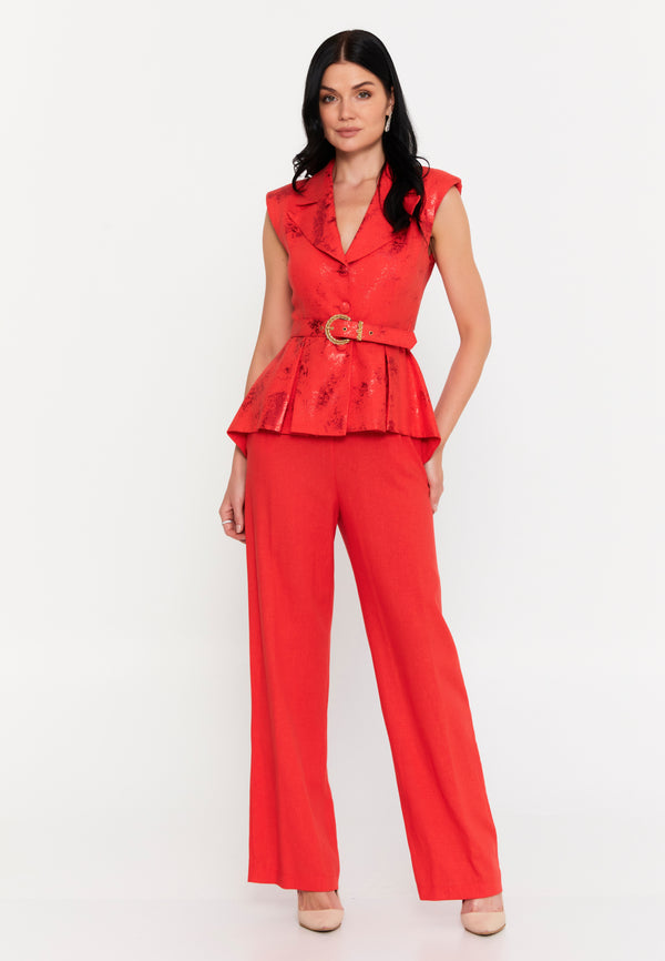 Red Hot Elegance | Peplum Blazer Top & Wide-Leg Trousers Co-Ord Set