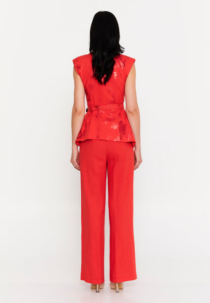 Red Hot Elegance | Peplum Blazer Top & Wide-Leg Trousers Co-Ord Set