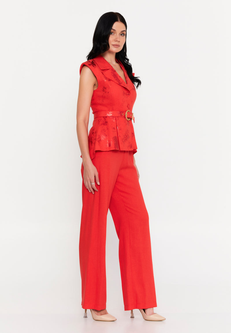 Red Hot Elegance | Peplum Blazer Top & Wide-Leg Trousers Co-Ord Set