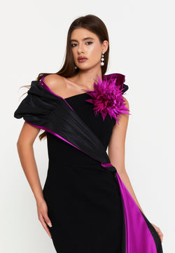 Black & Magenta One-Shoulder Evening Gown with Floral Accent
