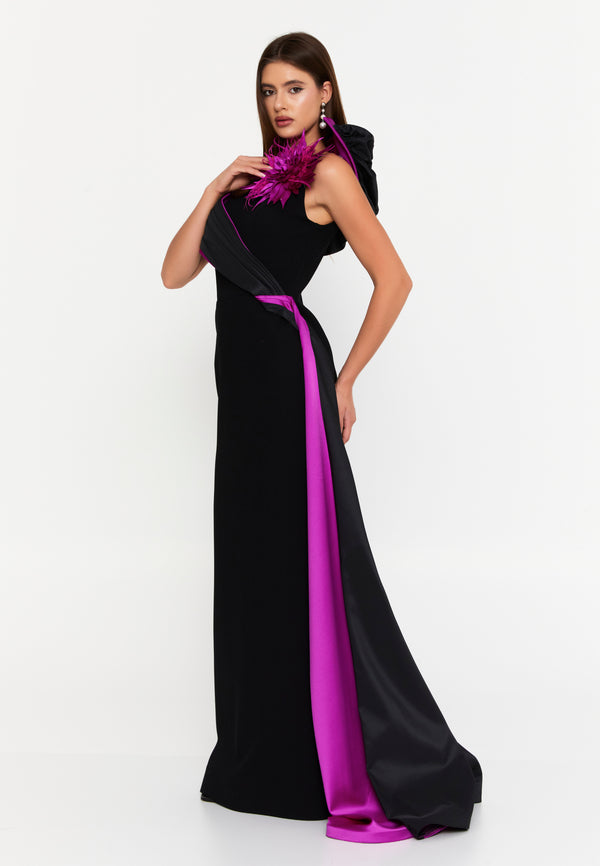 Black & Magenta One-Shoulder Evening Gown with Floral Accent