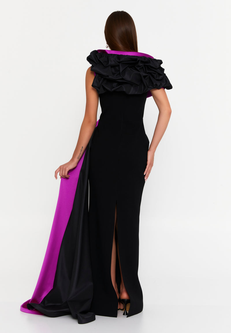 Black & Magenta One-Shoulder Evening Gown with Floral Accent