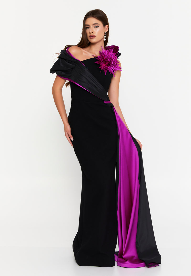 Black & Magenta One-Shoulder Evening Gown with Floral Accent