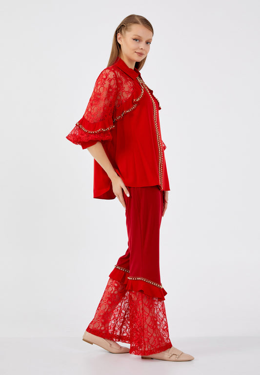 Red Lace Embellished Pant Set™